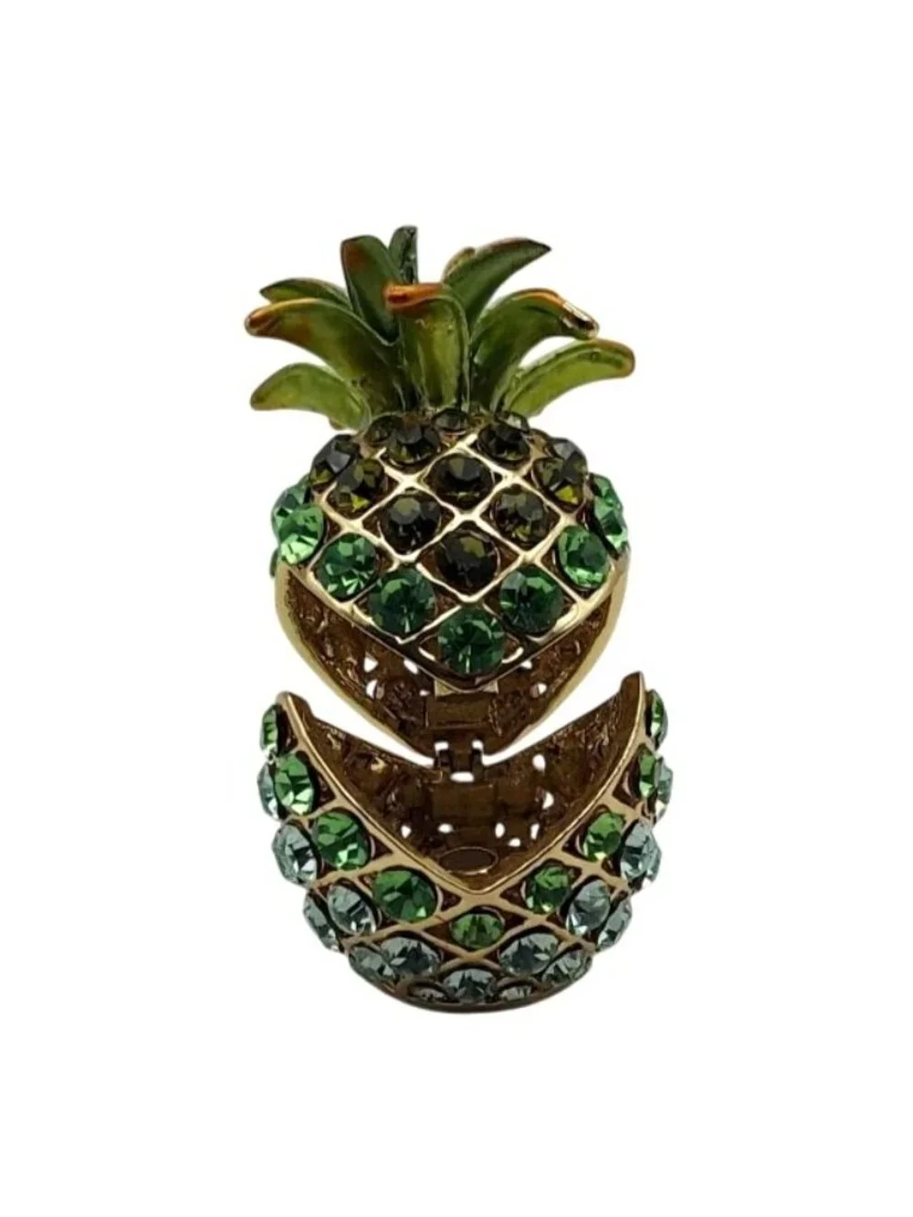 Jeweled Pineapple Hinged Magnetic Trinket Box Goldtone Enamel Blue Green Crystal